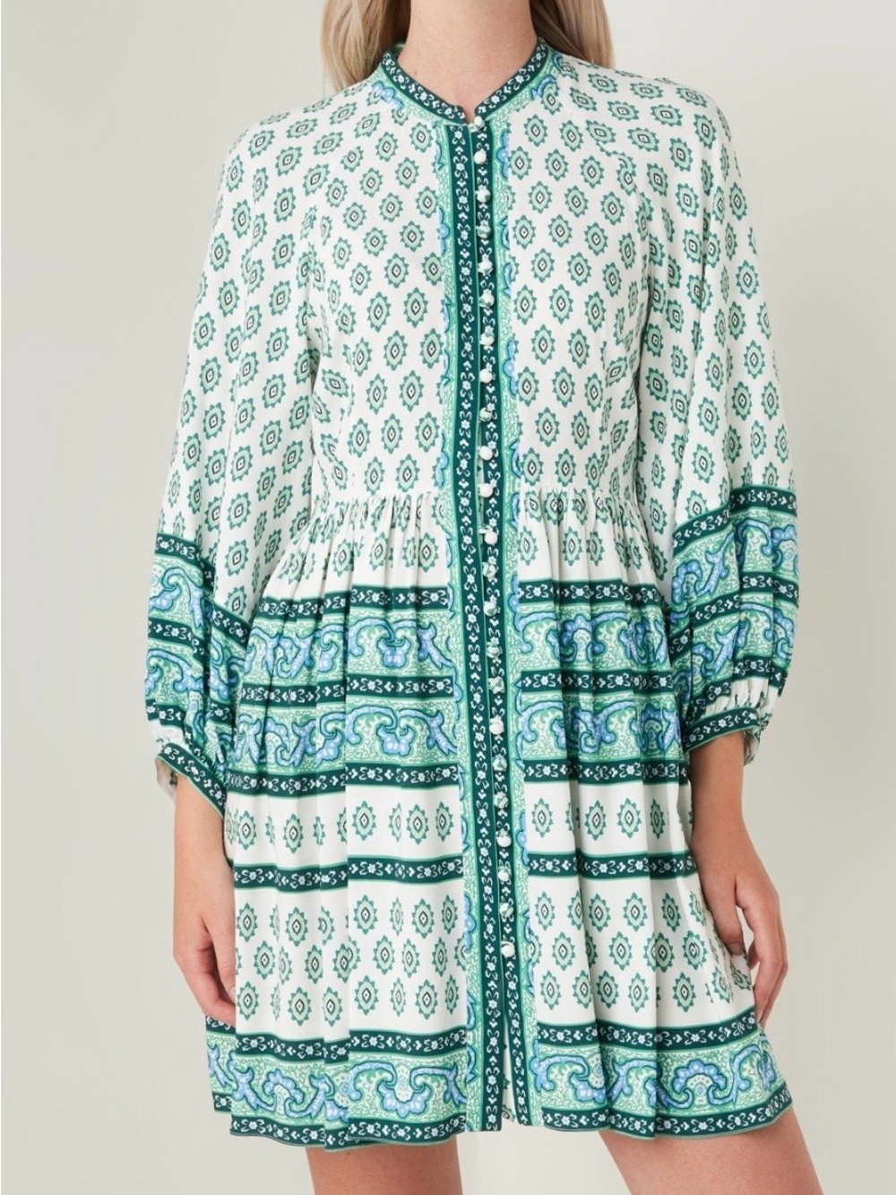 NWT Green Paisley Border Button-Front Mini Dress
